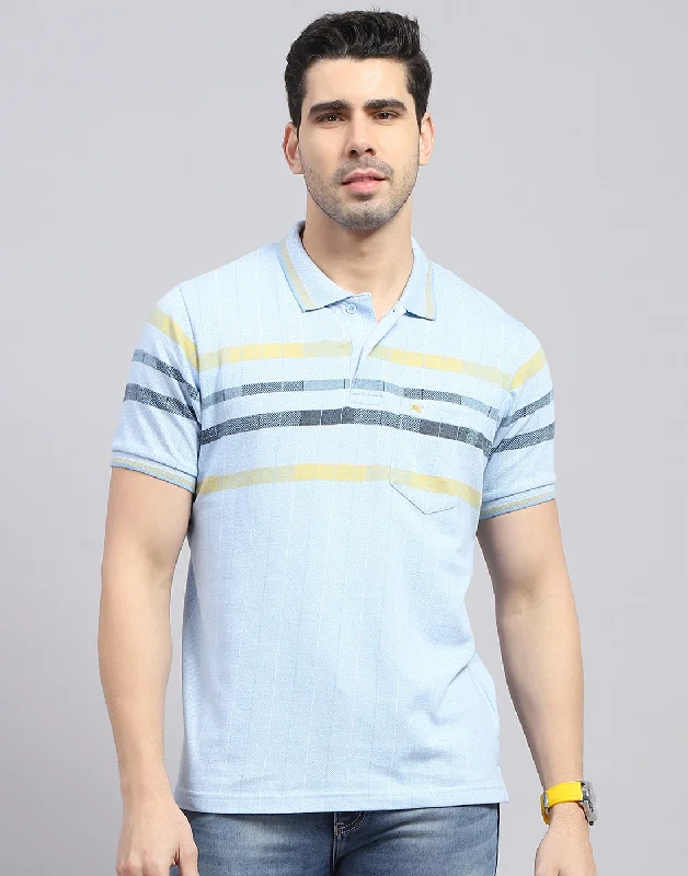 Men Blue Stripe Polo Collar Half Sleeve T-Shirt