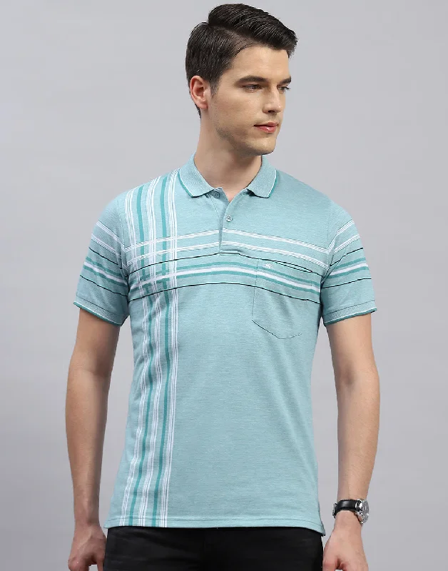 Men Blue Stripe Polo Collar Half Sleeve T-Shirt