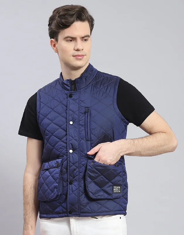 Men's modern fleece coat-Men Blue Solid Stand Collar Sleeveless Jacket