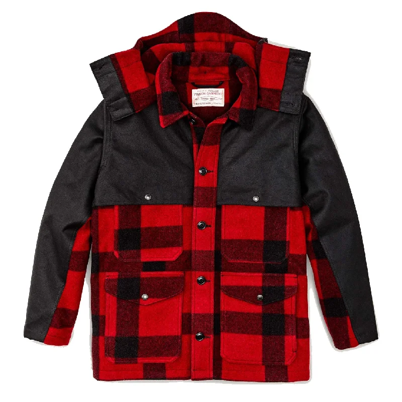 Men's weather-resistant trench coat-Filson Mackinaw Wool Double Coat Red Black Classic Plaid