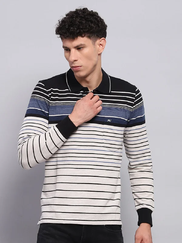 Men Black & White Stripe Collar Full Sleeve Winter T-Shirt