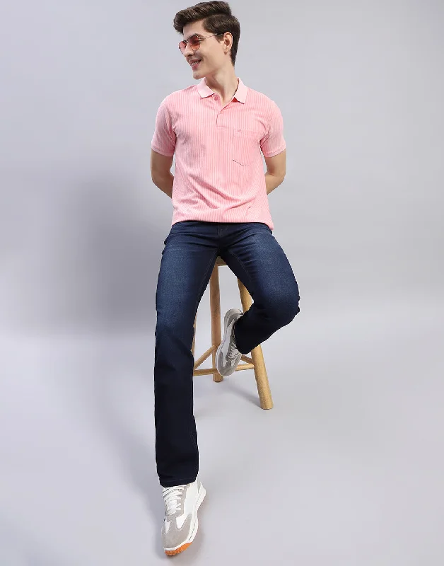 Men Pink Stripe Polo Collar Half Sleeve T-Shirt