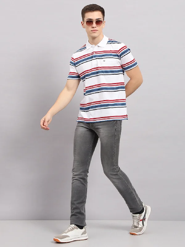 Men White & Blue Stripe Collar Half Sleeve T-Shirt