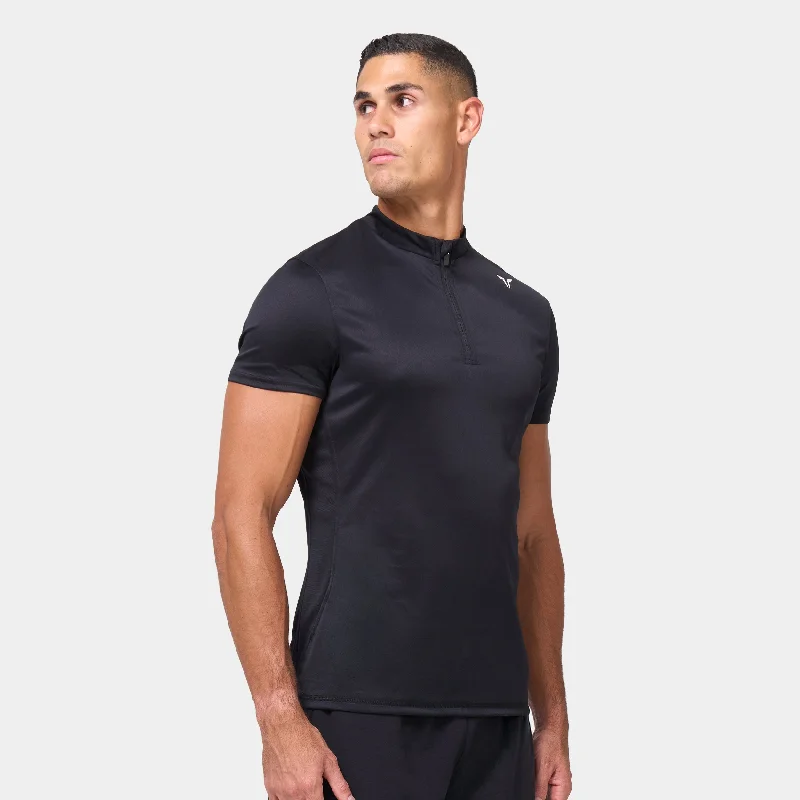 Essential Short Sleeve Zip Up Top - Black