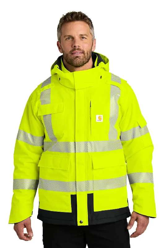 Men's breathable utility coat-Carhartt Mens ANSI 107 Class 3 Waterproof Heavyweight Insulated Full Zip Hooded Jacket - Bright Lime Green - New