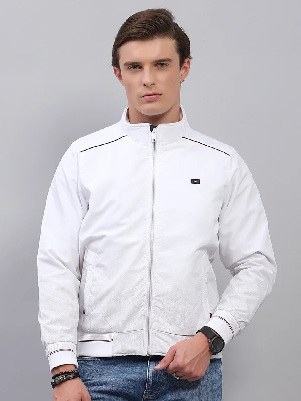 Men's lightweight bomber coat-Men White Solid Mock Neck Full Sleeve Jacket