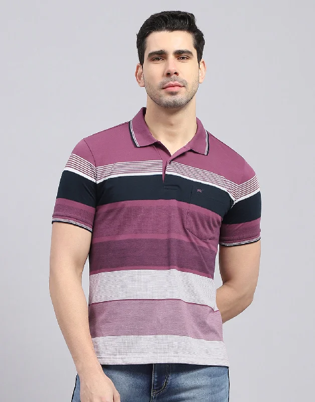 Men Purple Stripe Polo Collar Half Sleeve T-Shirt