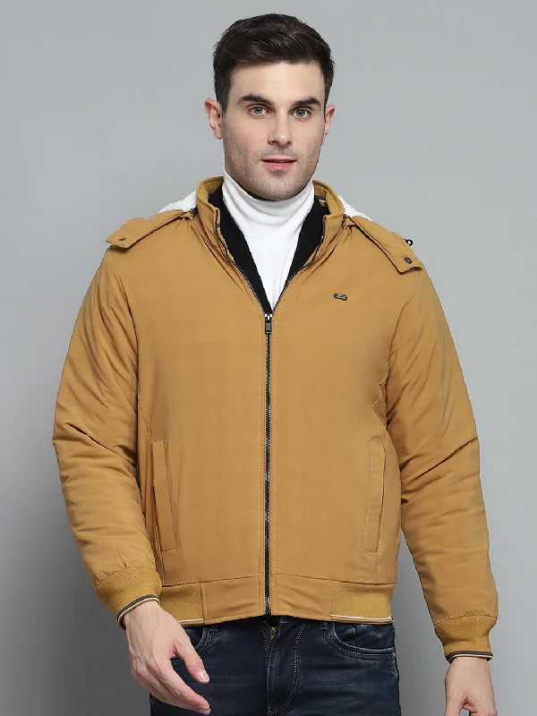 Men's fashion-forward trench coat-Men Mustard Solid Detachable Hood Full Sleeve Jacket