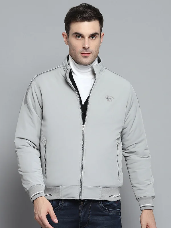 Men's weather-resistant jacket-Men Grey Solid Mock Neck Full Sleeve Jacket