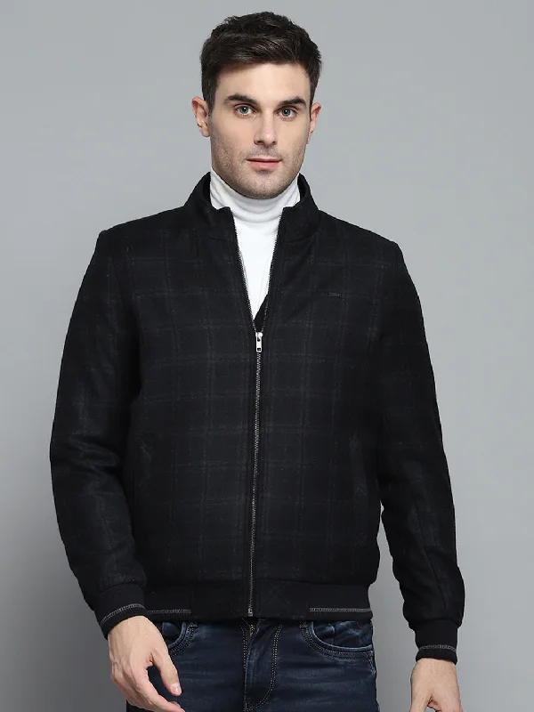 Men's adventure-ready puffer jacket-Men Black Check Mock Neck Full Sleeve Jacket