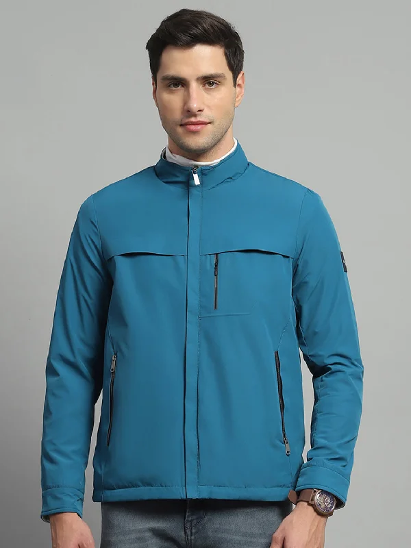 Men's antibacterial windbreaker-Men Teal Blue Solid Mock Neck Full Sleeve Reversible Jacket