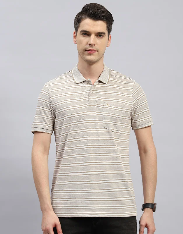 Men Beige Stripe Polo Collar Half Sleeve T-Shirt