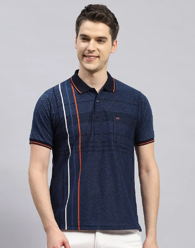 Men Navy Blue Stripe Polo Collar Half Sleeve T-Shirt