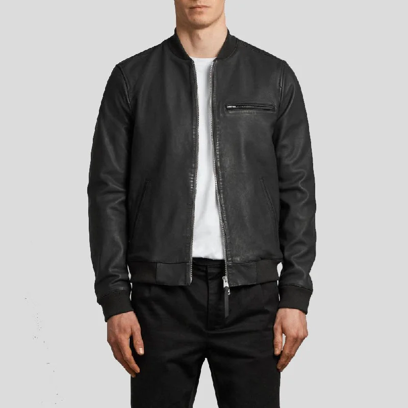 Men's lightweight bomber coat-Porf Black Bomber Leather Jacket