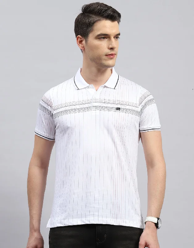 Men White Printed Polo Collar Half Sleeve T-Shirt