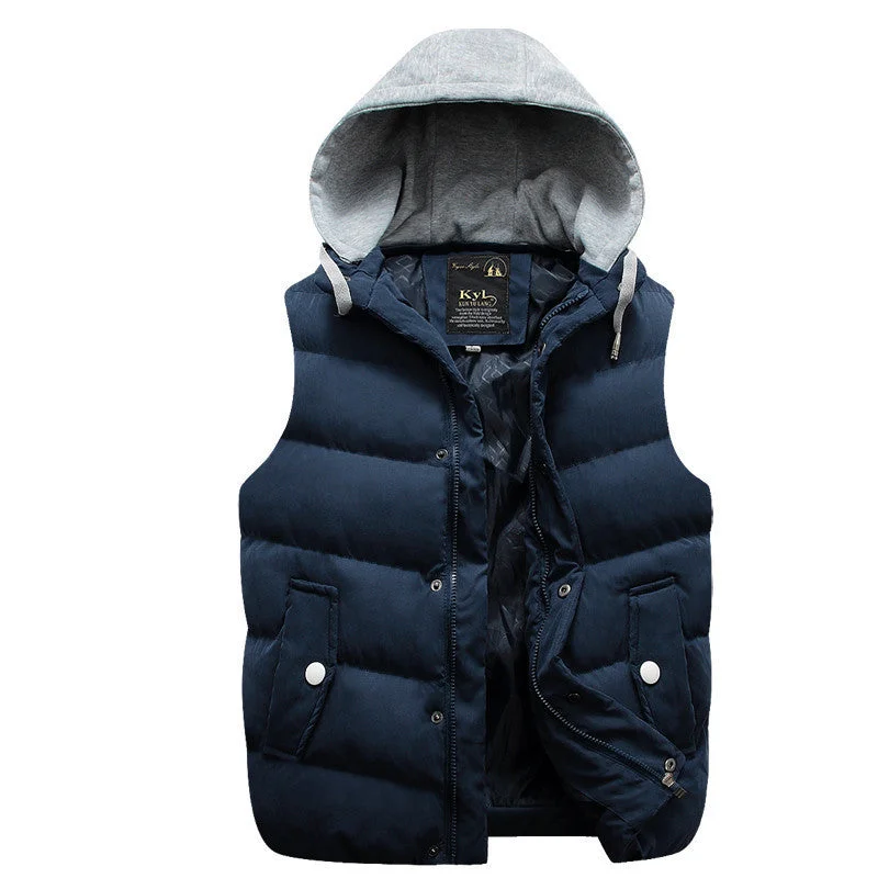 Men's waterproof hoodie-Winter Hooded Vest Thick Warm Men Jacket Sleeveless Waistcoat Street Hoodie Style Male Plus Size 3XL Coat 661