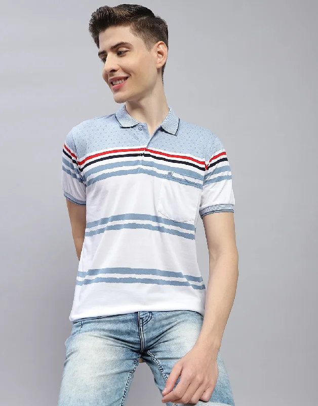 Men Blue Stripe Polo Collar Half Sleeve T-Shirt