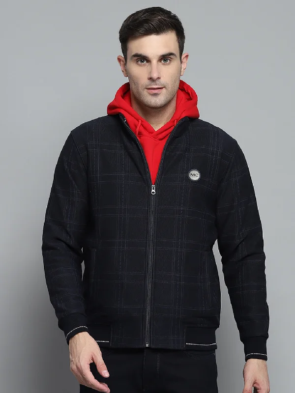 Men's weather-resistant jacket-Men Navy Blue Check Mock Neck Full Sleeve Jacket