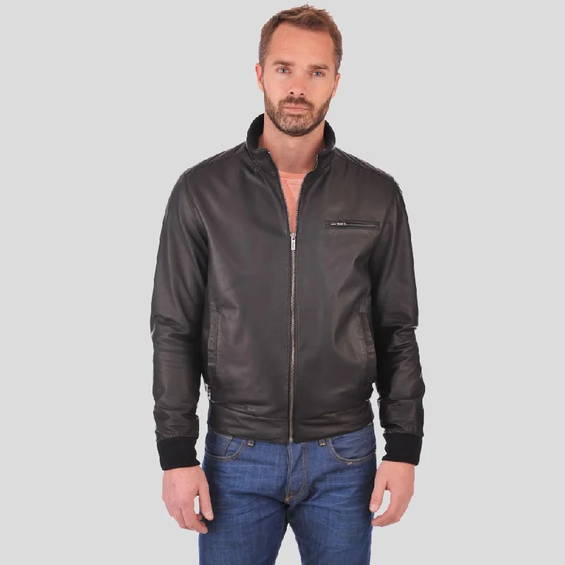 Men's pre-washed field jacket-Flynn Black Bomber Leather Jacket