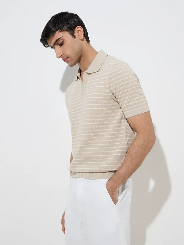 Men's lounge polo shirt-Ascot Beige Striped Relaxed-Fit Cotton-Blend Polo T-Shirt