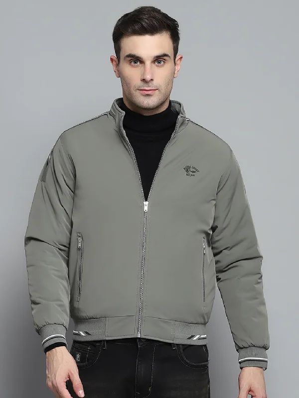 Men's performance field jacket-Men Green Solid Mock Neck Full Sleeve Jacket