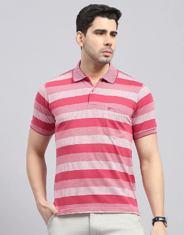 Men Red Stripe Polo Collar Half Sleeve T-Shirt