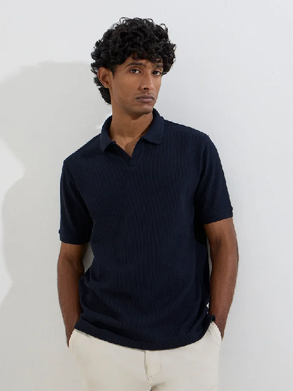 Men's weekend polo shirt-WES Casuals Navy Relaxed-Fit Cotton-Blend Polo T-Shirt