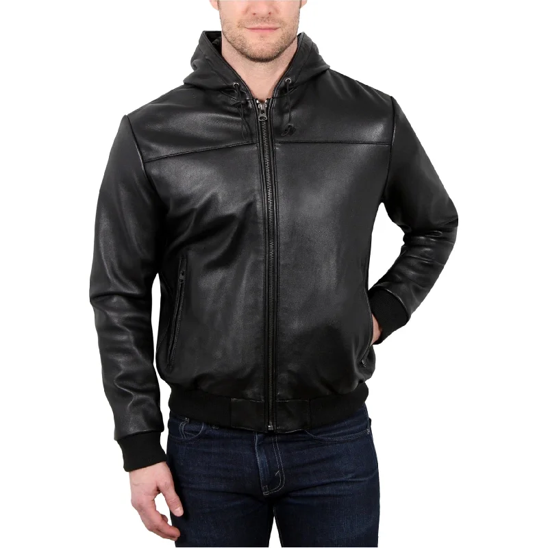 Men's premium hoodie-William Rast Mens Leather Hoodie Jacket, Black, Medium