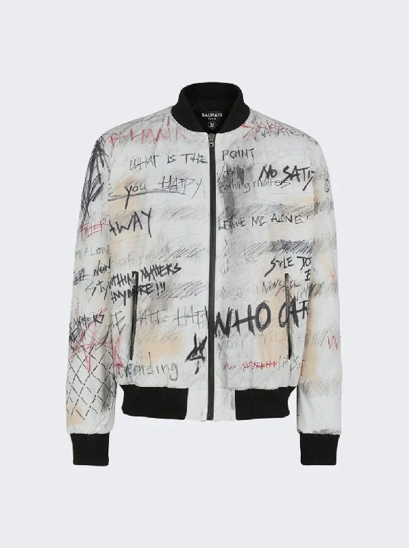 Men's pre-shrunk leather jacket-Balmain Printed Nylon Graffiti Teddy Jacket White