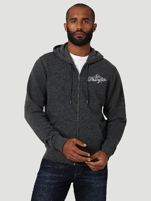 Men's sustainable hoodie-Men's Wrangler Vintage Logo Full Zip Hoodie In Caviar Heather