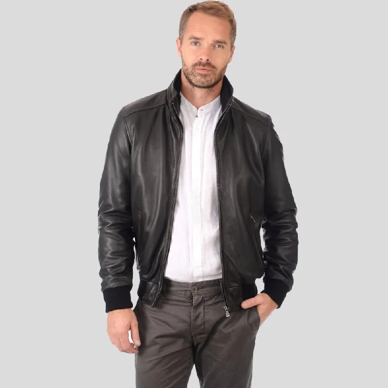 Men's modern trench coat-Kian Black Bomber Leather Jacket