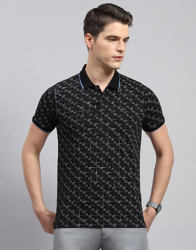 Men Black Printed Polo Collar Half Sleeve T-Shirt