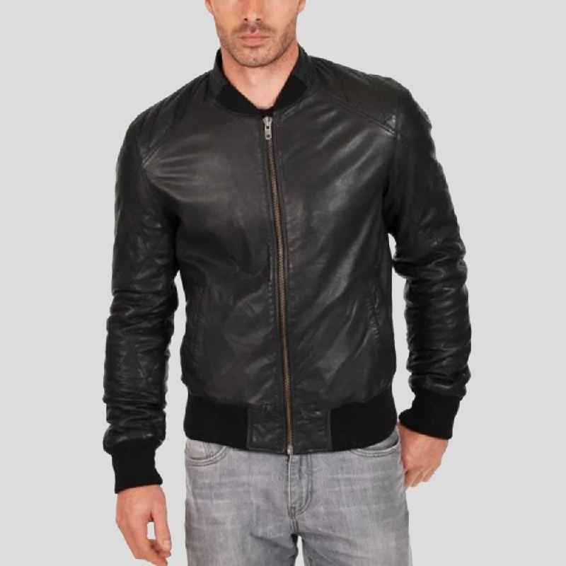 Men's breathable parka-Jero Black Bomber Lambskin Leather Jacket