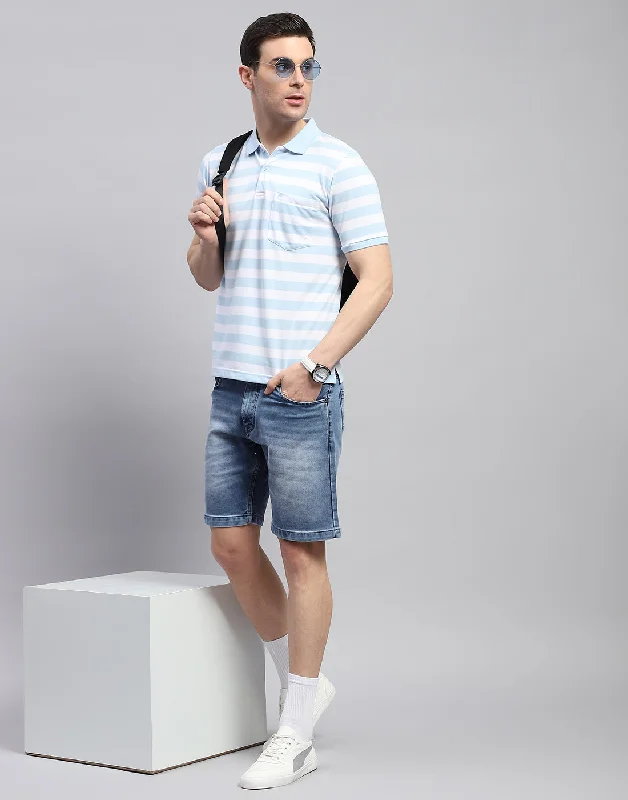 Men Blue Stripe Polo Collar Half Sleeve T-Shirt