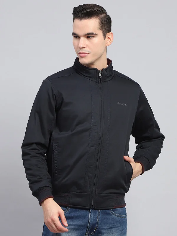 Men's lightweight utility jacket-Men Navy Blue Solid Mock Neck Full Sleeve Reversible Jacket