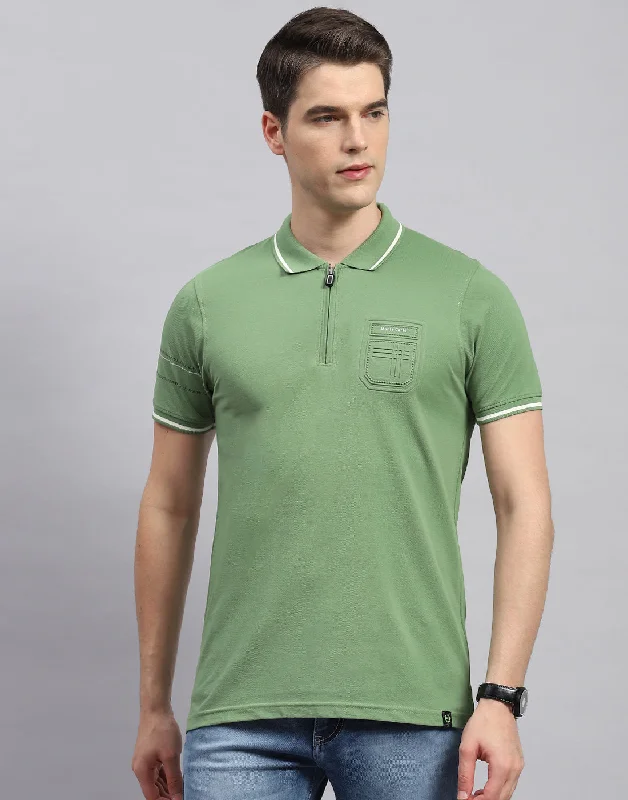 Men Olive Printed Polo Collar Half Sleeve T-Shirt