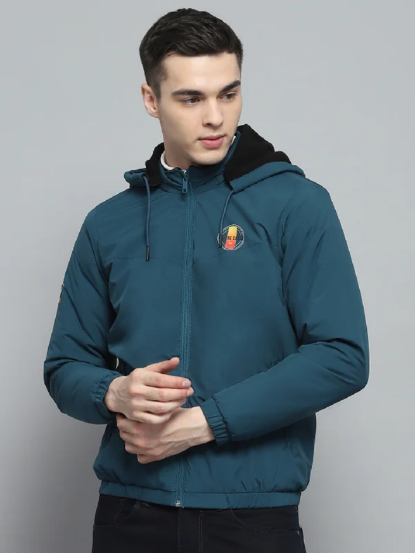 Men's performance rain jacket-Men Teal Blue Solid Detachable Hood Full Sleeve Jacket