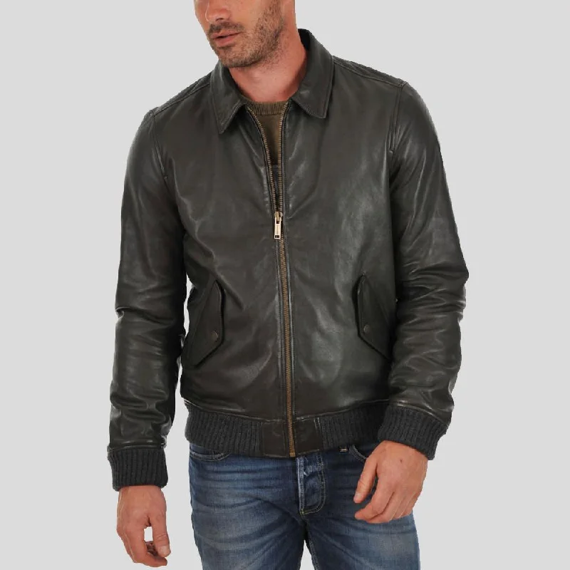 Men's weatherproof utility jacket-Ioan Black Bomber Leather Jacket