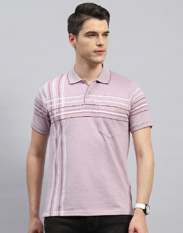 Men Peach Stripe Polo Collar Half Sleeve T-Shirt