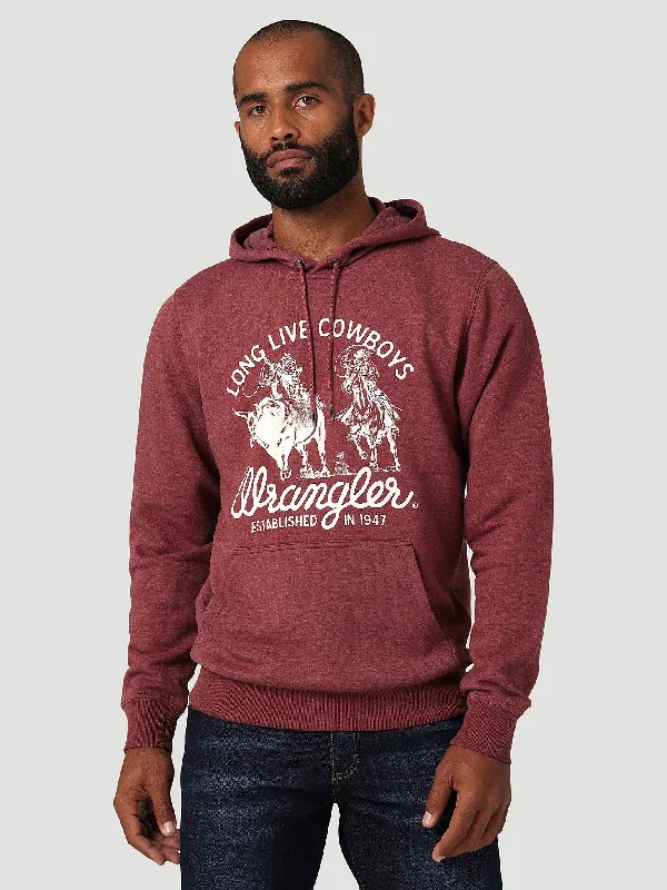 Men's organic cotton hoodie-Men's Wrangler Long Live Cowboys Pullover Hoodie In Burgundy Heather