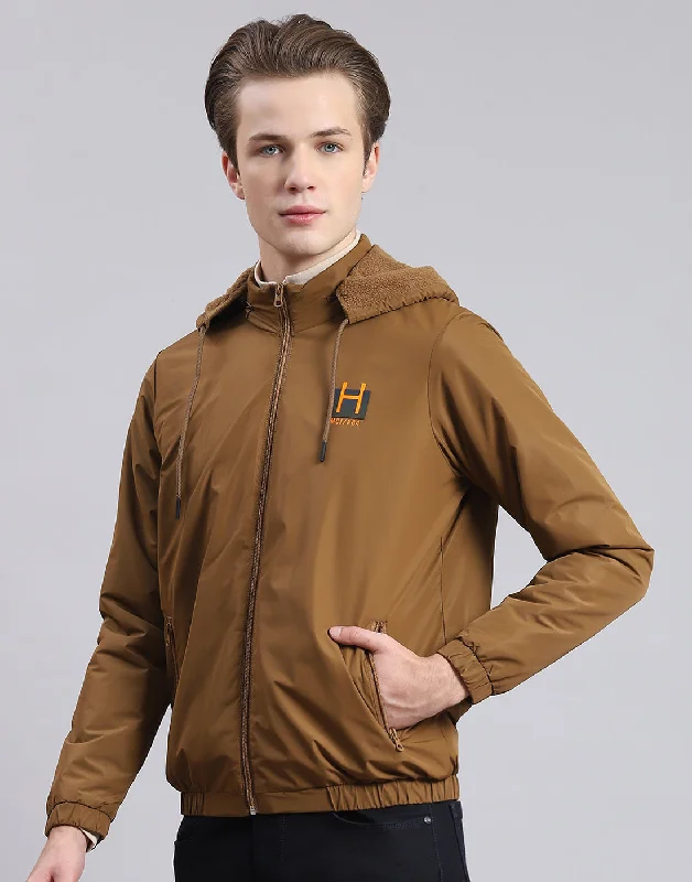 Men's organic bomber jacket-Men Brown Solid Hooded Full Sleeve Jacket