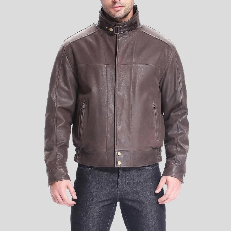 Men's relaxed fit raincoat-Lee Distressed Brown Bomber Leather Jacket