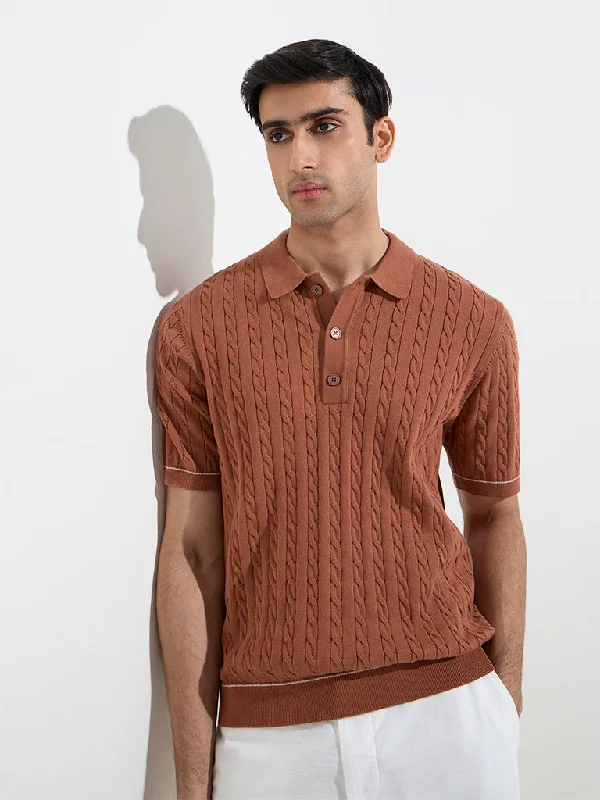 Men's travel polo shirt-Ascot Rust Knitted Relaxed-Fit Cotton-Blend Polo T-Shirt