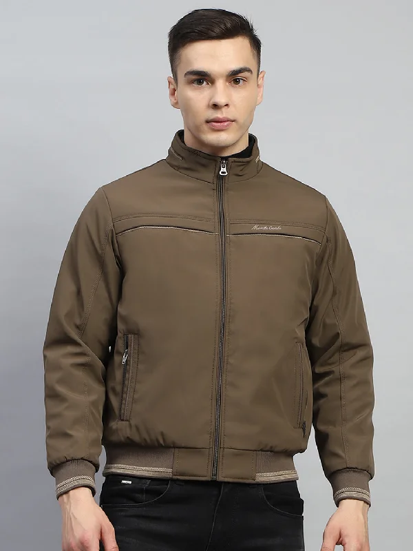 Men's versatile raincoat-Men Brown Solid Mock Neck Full Sleeve Jacket