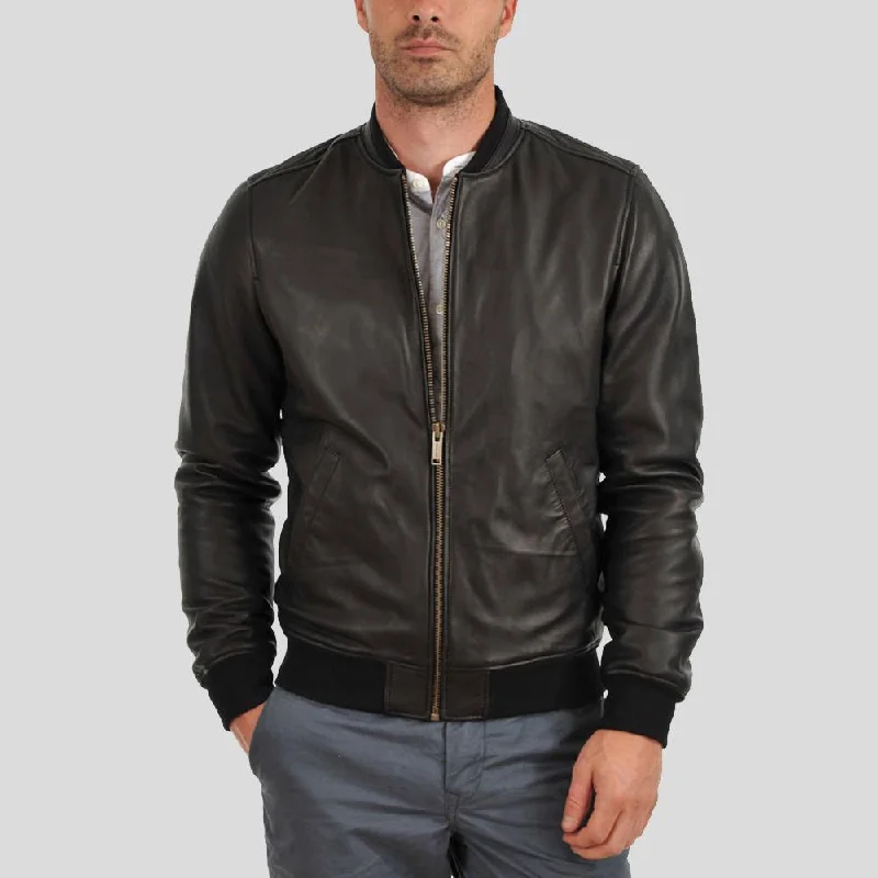 Men's ultra-breathable trench coat-Tom Black Bomber Leather Jacket