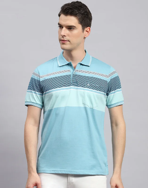 Men Sky Blue Stripe Polo Collar Half Sleeve T-Shirt