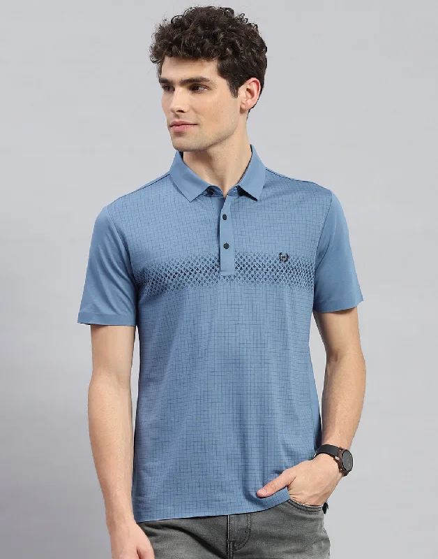 Men Teal Blue Solid Polo Collar Half Sleeve T-Shirt