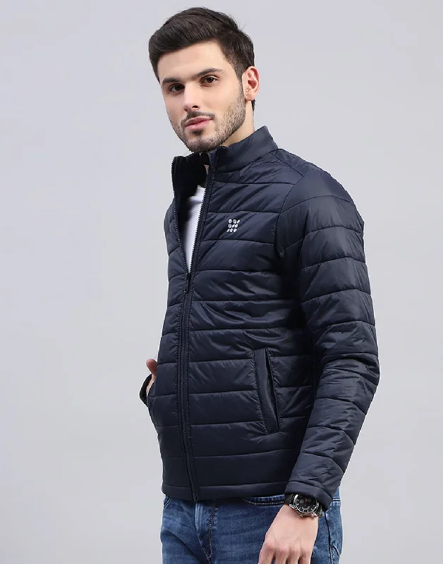 Men's relaxed fit fleece jacket-Men Navy Blue Solid Band Collar Full Sleeve Jacket