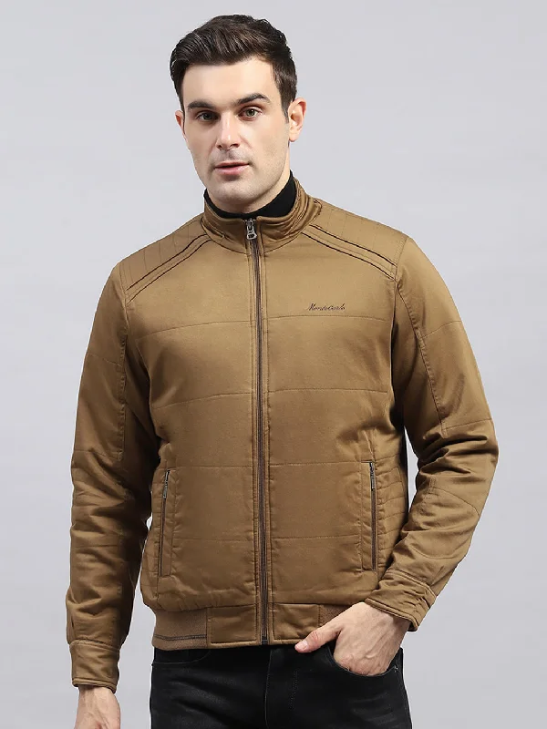 Men's breathable parka-Men Brown Solid Mock Neck Full Sleeve Jacket