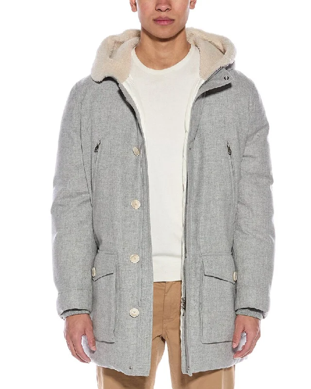 Men's sporty bomber jacket-Brunello Cucinelli Wool, Silk, & Cashmere-Blend Down Coat